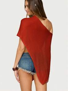 Women Sheer Mesh Poncho Top Crochet Knit Lightweight See Through Shawl Wrap Summer Oversized Loose Shrug Beachwear Swimsuit Bikini Cover Ups - 紅木色 - 查看 5