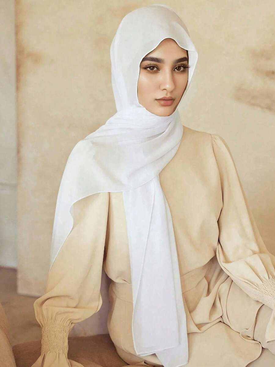 2pcs Women Scarf & Beanie Set, Versatile Underlay Cap Combo, Hijab Middle East Abaya Accessory, Elastic Beanie & Chiffon Scarf Casual Outfit - White - View 1