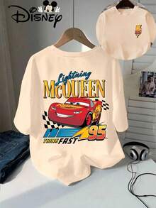 Disney Cars,Lightning McQueen,McQueen 95,Graphic Tee,Oversized T-Shirt,Beige T-Shirt,Crew Neck,Women's Top,Casual Wear,Spring Summer,Disney Co-Branded,Cartoon Print - Nude - Voir 1