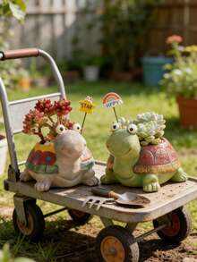 Resin Succulent Planter Cute Turtle Shaped Flower Pot Waterproof Durable Cartoon Animal Plant Container For Indoor Outdoor Home Office Windowsill Balcony Patio Garden Decor Ideal For Cactus Herbs Small Potted Plants - A - View 4