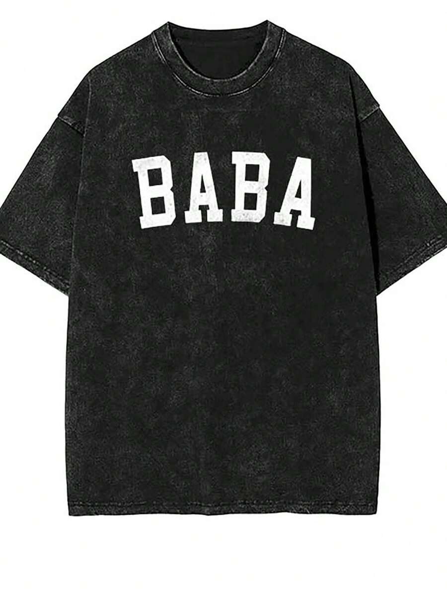 [Machine Washable] Men's "BABA" Classic Bold Font T-Shirt - Vintage Washed Distressed , Casual Short Sleeve Crewneck, Perfect For Father's Day Men's Washed T-Shirt,It Can Fit Any Occasions - màu đen - Xem 1