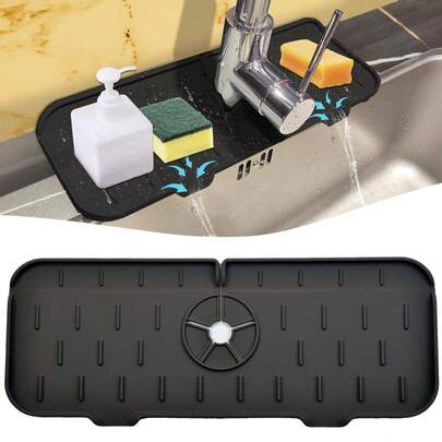 15 Pc Silicone Faucet Splash Guard, Quick-Dry Absorbent Draining Mat, Waterproof Countertop Protector For Kitchen & Bathroom, Easy Install Durable Silicone Pad, Gray/Black/Orange Available