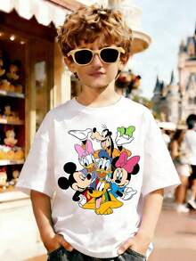 Disney Summer Tops,  Print Graphic Tee, Perfect For Cool Boys. Teen Boy Gift,Comfortable And Breathable Children's Short-Sleeved T-Shirt. 180g Pure Cotton Children's Clothes,Suitable For Both Boys And Girls.Suitable For Daily Wear, Vacations, Outdoor Activities, And As A Children's Gift. - 白色 - 查看 1