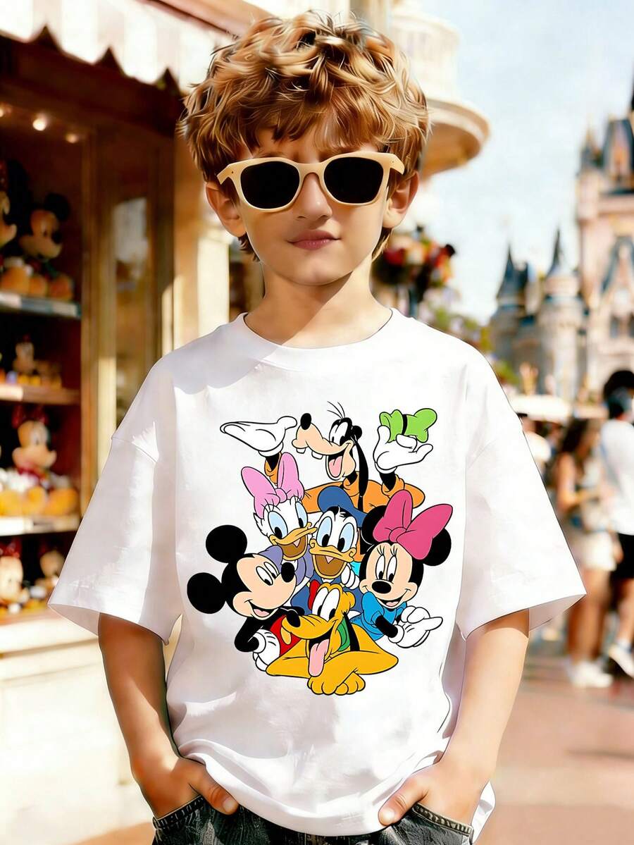 Disney Summer Tops, Print Graphic Tee, Perfect For Cool Boys. Teen Boy Gift,Comfortable And Breathable Children's Short-Sleeved T-Shirt. 180g Pure Cotton Children's Clothes,Suitable For Both Boys And Girls.Suitable For Daily Wear, Vacations, Outdoor Activities, And As A Children's Gift. - 白色 - 查看 1