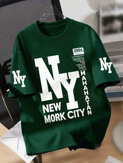 青少年男童纽约标语印花圆领T恤，柔软休闲，适合夏季穿着，兼具街头风和度假风。男女皆宜，日常穿着，可作为礼物送给家人、女友或朋友。舒适的短袖套头衫，可机洗，日常必备，宽松版型，男女皆宜，街头风十足。