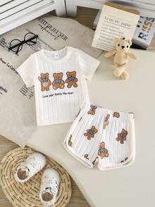 2pcs Newborn Baby Boy Outfit, Cute Bear Pattern Short Sleeve Top And Shorts, Casual Daily Wear - Apricot - View 2
