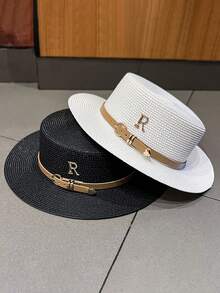 Women's Straw Hat, Summer Travel Vacation Beach R Letter Rhinestone Belt Retro British Style Flat Top Sun Hat, UV Protection, Casual, Polyester, Spring/Summer - Hat - View 12