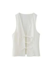 女式纯色V领休闲吊带背心，夏季 - 杏色 - 查看 1