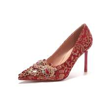 8777E-007 Pointed Toe Rhinestone Stiletto Satin Gold Edge High Heels Wedding Banquet Bride Bridesmaid Shoes Red Festive - 6.5 Vàng - Xem 9