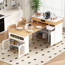 Kitchen Island On Wheels, Extendable Dining Table With Power Strips And Fluted Glass Top, One-Drawer Sideboard, Which Can Be Used As A Kitchen Island Or Sideboard For The Kitchen And Dining Room (White + Natural) - White + Natural Color + Medium Density Fiberboard - View 3