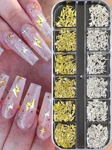 1盒12颗闪亮金银星形美甲铆钉 - 3D星光蝴蝶花月亮合金金属美甲饰品 美甲装饰 美甲宝石 - 彩色 - 查看 4