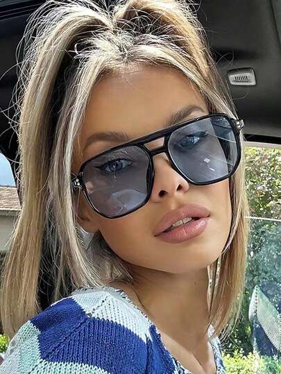 1 par de gafas de piloto de doble barra de moda, adecuadas tanto para hombres como para mujeres. Disponible en varios colores. Incluye accesorios de playa. Gafas de mujer. Estilo básico. Ropa de mujer para otoño/invierno. Regalo de negocios casual. Estampado de leopardo. Vacaciones de verano en la playa. Exterior. Viaje.