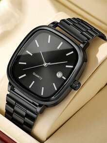 4PCS Minimalist Casual Men's Quartz Watch Set, Business Light Luxury Men's Watch Set (Including A Black Strap Watch With A Black Square Dial, Black Textured Leather Wallet, Metallic Ballpoint Pen, And Leather Keychain), Featuring A Cool Black Theme. - Black - View 2