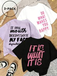 3件套女士新款休闲可爱图案宽松圆领短袖T恤，时尚日常及假日穿着。女士新款夏季套装，印花三件套圆领T恤。适合情人节、返校季、教师节及其他节日。字母印花柔软宽松舒适的街头风休闲短袖上衣。 - 彩色 - 查看 4