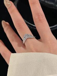 1pc Fashionable Luxury Elegant Cubic Zirconia Adjustable Open Ring, Suitable For Balls, Parties, And Daily Gatherings - Silver - View 7