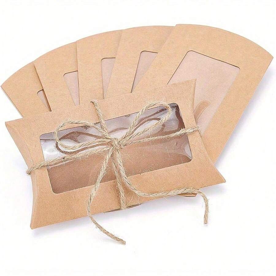 10/20pcs Kraft Paper Pillow Candy Boxes With Transparent Window, Suitable For Wedding Favors, Party Supplies, Taupe Color - Multicolor - View 1