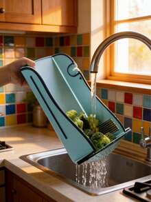6-In-1 Multifunctional Cutting Board, Kitchen Chopping Board, Vegetable Cutting Board, Mother's Day Gift, Functions Include: Garlic Grater, Ginger Grater, Knife Sharpener, Cutting Board, Strainer Basket, Serving Tray, Plastic Kitchen Cutting Board, Kitchen Accessories, Housewarming Gift - Multicolor - View 6