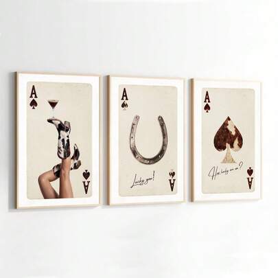 1/3pcs Set Unframed Espresso Martini Horseshoe Playing Card Canvas Poster Western Cowgirl Rodeo Wall Art Print Minimalist Girly Room Aesthetic Decor Bar Cart Art Painting For Dorm,Living Room,Bedroom,Modern Home Decoration