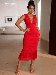 Women's Red Mesh Sleeveless Midi Dress, Elegant Sexy Fashion Pleated Fishtail Dress, Women's Party Dress, Elegant Party Dress, Fitted Midi Dress - Red - View 3