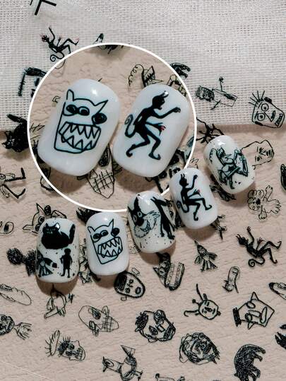 Handmade Surreal Nail Art Sticker, Featuring Distorted Human Faces, Exaggerated Animal Figures (Cats, Birds, Bears, Horses), Abstract Symbols (Hearts, Eyes, Question Marks) And Silhouettes, Avant-Garde Style With Subculture And Artistic Flair, Suitable For Graffiti, Surreal, Or Artistic Manicures, Perfect For Music Festivals, Street Fashion, Everyday Wear, And Art Exhibitions Nail Stickers