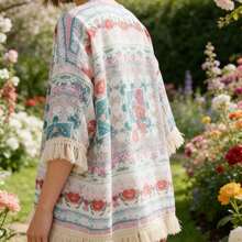 Women's Floral Tile Print Kimono Open Front 3/4 Sleeve Tassel Trim Loose Cover Up For Beach Vacation Outfits - 白色 - 查看 4