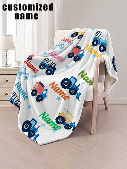 1pc Customizable Traffic Themed Blanket, White Base With Colorful Cartoon Construction Vehicles, Washable Polyester Fabric, Suitable For All Seasons And Occasions, Modern Digital Printed Multipurpose Throw Blanket For Sofa, Bed, Car, Tea Room, Bedroom, Bathroom, Living Room, Dining Room, Office, Etc.