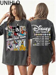Disney UNIHLO  Mickey  Printed Summer Heavyweight Retro Washed Street Fashion Casual T-Shirt - Black - View 2