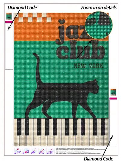 |5D DIY Diamond Painting|Retro Jazz Club New York Poster With Black Cat Silhouette Diamond Painting Kits, Piano Key Design, Bold Orange & Teal Color Blocking & Mid-Century Modern Style. Handmade Decorative Painting, 5D DIY Diamond Painting Kit, Make Your Own Wall Art DIY, Enjoy The Fun Of Hands-On, The Best Gift For Friends