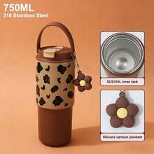 750ML Insulated Water Bottle With 316 Stainless Steel, Portable Handheld Travel Cup With Silicone Cartoon Pendant & Leakproof Lid, Cherry/Heart/Leopard Print For Women & Girls - Multicolor - View 10