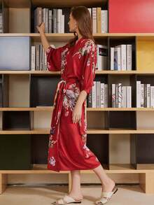 歐美復古寬鬆大尺碼中長版波希米亞孔雀印花和服式罩衫，夏季海灘比基尼泳衣外穿罩衫，浴袍 - 紅色 - 查看 3