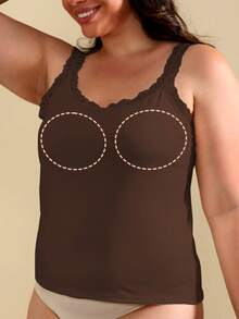 1pc Women Plus Size Solid Color Lace Trim Decor Round Neck Sleeveless Camisole Tank Top - Coffee Brown - View 5