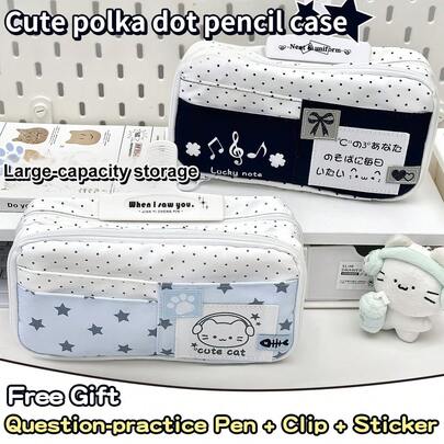 Hộp bút chấm bi dễ thương, kiểu dáng đẹp mắt, dung tích lớn và thiết kế nhiều ngăn tiện lợi để sắp xếp văn phòng phẩm. Hộp bút tối giản này phù hợp cho học sinh, có nhiều màu sắc để lựa chọn, vừa thời trang vừa bền chắc.