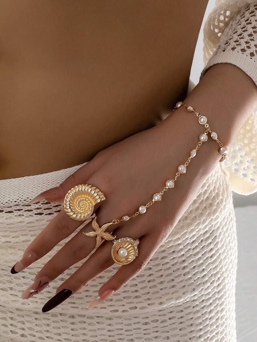 3pcs/Set Summer Beach Style Starfish Ring Set, Boho Finger To Wrist Chain Bracelet, Ocean Beach Jewelry Set