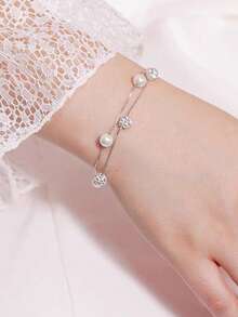 1pc S925 Sterling Silver Elegant Luxurious Pearl & Crystal Ball Double-Layer Bracelet, Gift For Women, Party & Wedding - Silver - View 2