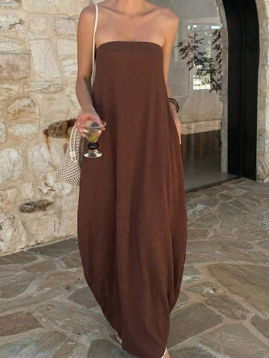 茧型连衣裙，纹理面料，优雅迷人，适合海滩、度假、休闲穿着，春夏皆宜。 - 咖啡棕 - 查看 1