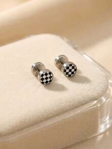 1 Pair Men's Stainless Steel Black & White Checkered Screw Earrings - Multicolor - View 9