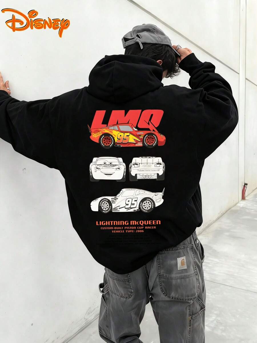 Disney Men's Casual Hoodie, Lightning McQueen LMQ Vehicle Print, Technical Racing Design, Comfortable Fit, Perfect For Car Enthusiasts & Disney Fans - màu đen - Xem 1