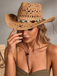 1pc Women's Hollow Woven Straw Hat, Denim Hat, Panama Hat, Beach Hat, Suitable For Outings, Vacations, And Beach Use In Summer - A - View 4