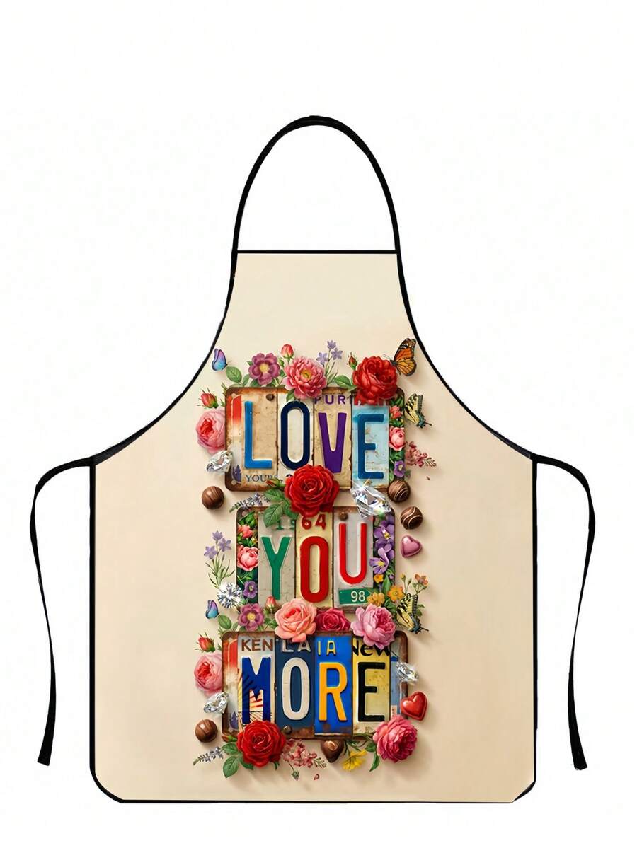 1Pc Floral Love You More Print Cooking Apron, Valentine's Day Gift, Cool Apron For Women, Birthday Present, Gift For Daughter&Mother&Wife&GF,Mother's Day Gift,Polyester Summer Apron,License Plate Print Kitchen Apron,Nails Design Tool,﻿Kitchen Essential - 1 Piece Of Floral-patterned Polyester Apron That Expresses My Love for You - View 1