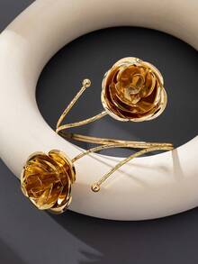 1 pieza Brazalete de flor de rosa de metal, accesorio de moda vintage de alta calidad, diseño de pétalos multicapa único, adecuado para fiestas, festivales, regalos - Amarillo dorado - Ver 4