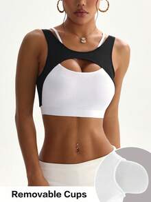 Sujetador deportivo de mujer de unicolor con empalme, almohadillado desmontable y espalda de tirantes - Blanco y Negro - Ver 1