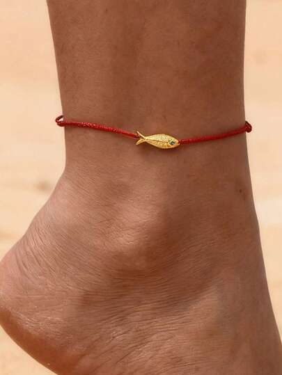 Tobillera estilo playa con carpa de la suerte, simple y versátil, tejida a mano en rojo, cordón para el tobillo con forma de pez pequeño