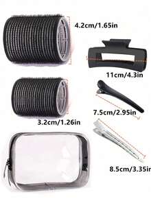 女士专用2种尺寸卷发器，12个卷发器，适用于长发、中发、短发，大号、中号、小号自粘式卷发器，含12个卷发器、1个发夹、1个化妆包和1个爪夹 - 粉色 - 查看 11