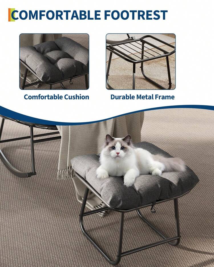 Techigher Outdoor Rocking Chair With Footstool, Oversized Patio Wicker Egg Chair With Thick And Removable Cushion, Metal Frame, Comfy Rocking Lounge Chairs For Living Room, Balcony, Yard & Porch - Grey 1 - View 6