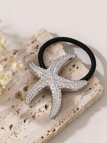 1pc Women's Fashion Metallic Luxury Rhinestone Silver Starfish Hair Scrunchie, Suitable For Daily, Summer, Beach Vacation Matching,Festival,Party - Silver - View 2