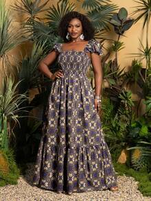 Faeriesty 大码优雅方领荷叶边下摆长款连衣裙，多层A字裙摆，印花图案，适合婚礼宾客、伴娘伴郎、订婚派对、正式晚宴、专业摄影、度假等夏季场合。 - 棕色 - 查看 3