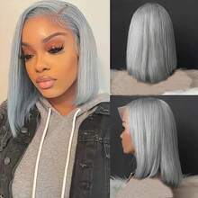 10-13 Zoll silbergrauer gerader Bob Perücke, 180% Dichte Echthaar Lace Front Perücke, vorgeschnittene natürliche Haaransatz, verstellbar, ohne Kleber, kurze wellige Bob Perücke für Frauen, aus US Lager versendet - Silbergrau - Übersicht 4