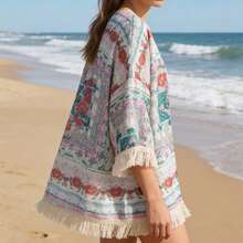 Women's Floral Tile Print Kimono Open Front 3/4 Sleeve Tassel Trim Loose Cover Up For Beach Vacation Outfits - 白色 - 查看 5