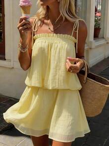 PoPoHouse Women's Elegant Yellow Ruffled Camisole Top & Flowy Short Skirt Set Summer Holiday Vacation Beach Outfit Casual Chic Party Going Out Suit - Yellow - View 3