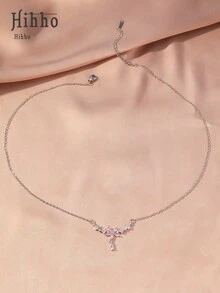 Hihho 两件套锆石花朵叠戴项链，镀银奢华小众设计颈链套装，V形锁骨链搭配白色锆石钻石和水滴形锆石吊坠；内层为简约蛇骨链，搭配圆形粉色锆石单钻吊坠。 - 項鍊套裝 - 查看 6